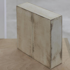 Kazu Nakagawa To Weigh The Fall of Words II, Timber/laminated wood, canvas, plaster and resin, 215 x 205 x 70 mm side view